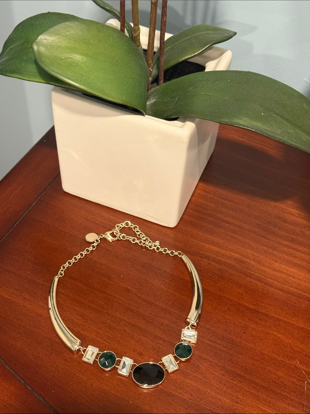 White House Black Market Gold Necklace with Black and Green Stones